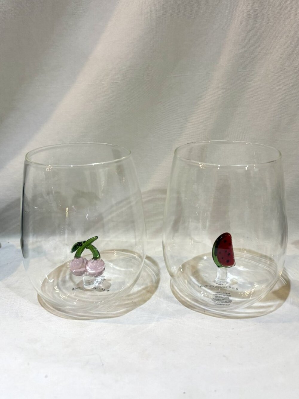 Pair of Anthropologie Hand Blown Stemless Wine Glass Cherries Watermelon Inside